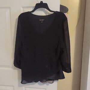 Studio 1 Sz16 Elegant Black Overlay Beaded VNeck Sheer 3/4 Sleeve Blouse